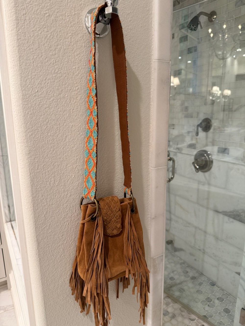 Free People Suede Fringe Crossbody Bag with Turquoise Woven Strap